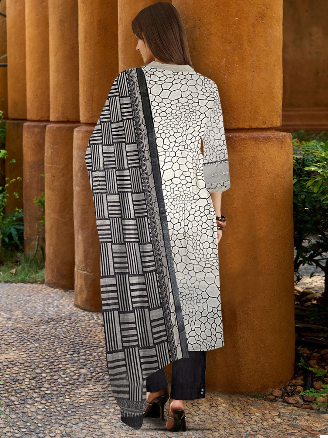 Indo Era Geometric Printed Regular Thread Work Pure Cotton Kurta with Trousers & Dupatta