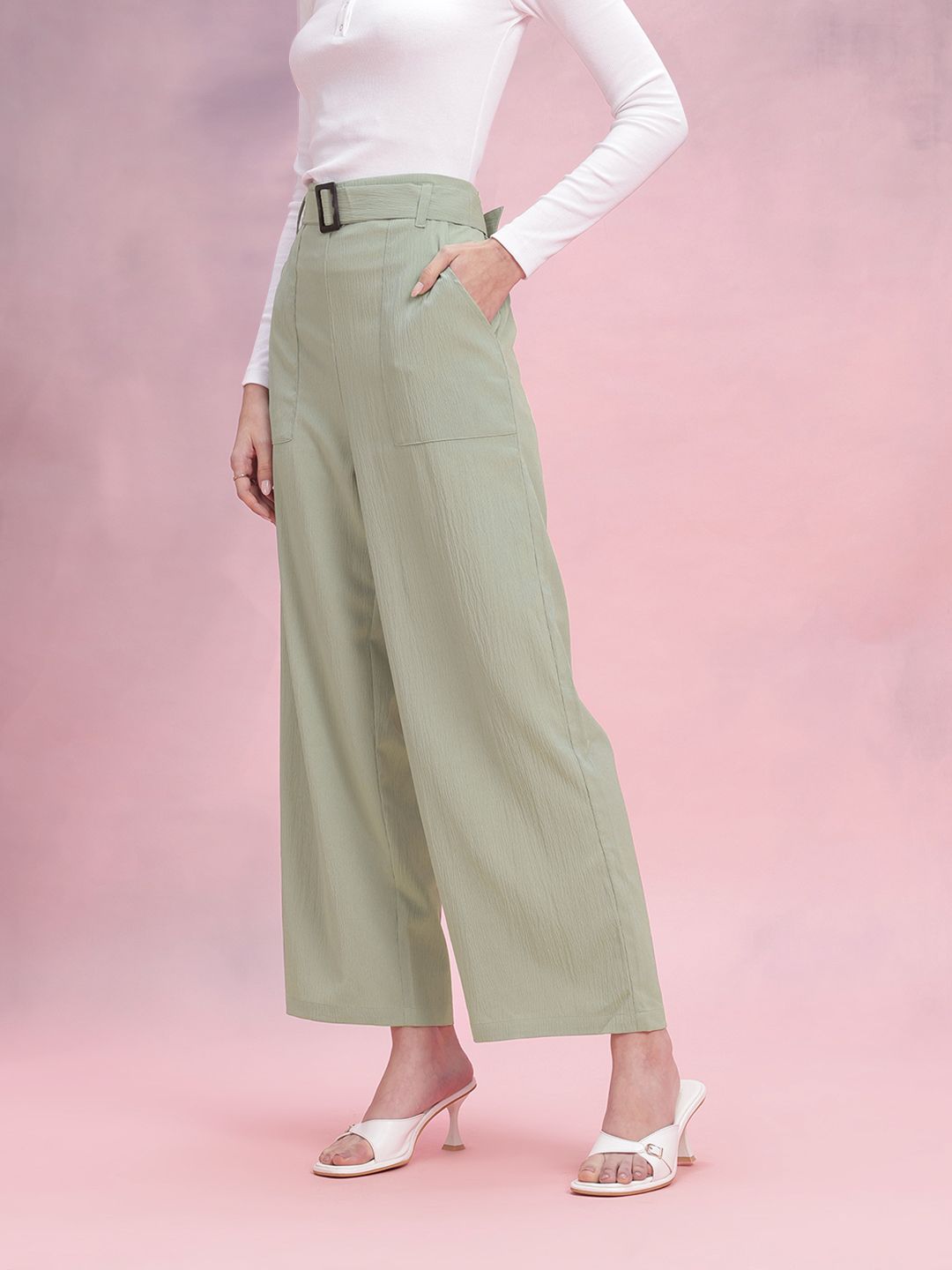 DressBerry Women Belted Straight Fit Trousers