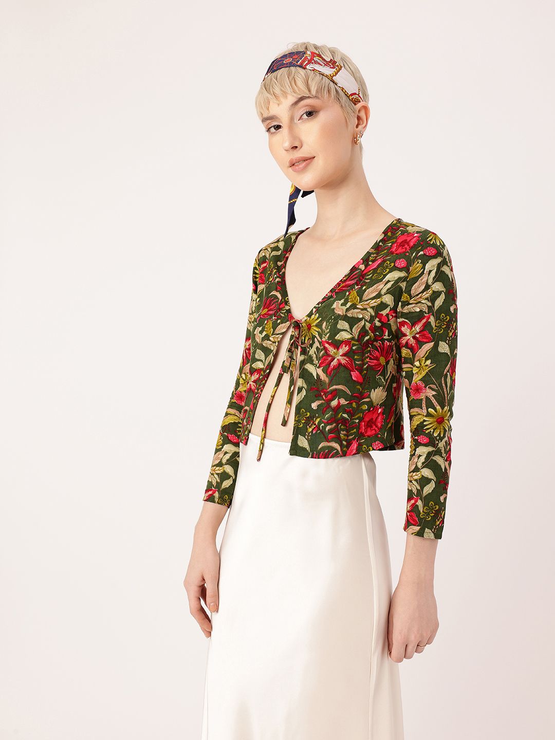 DressBerry Floral Printed Tie-Up Front Open Crop Top