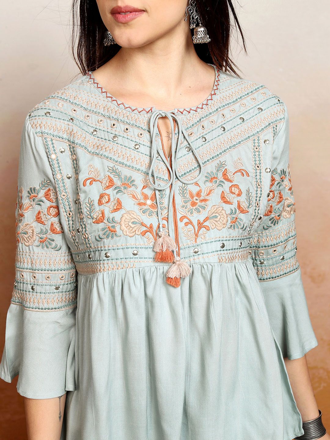 Vishudh Floral Embroidered Tie-Up Neck Bell Sleeves A-Line Kurti