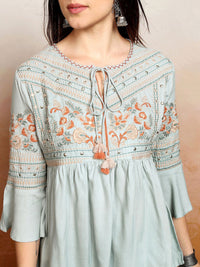 Vishudh Floral Embroidered Tie-Up Neck Bell Sleeves A-Line Kurti