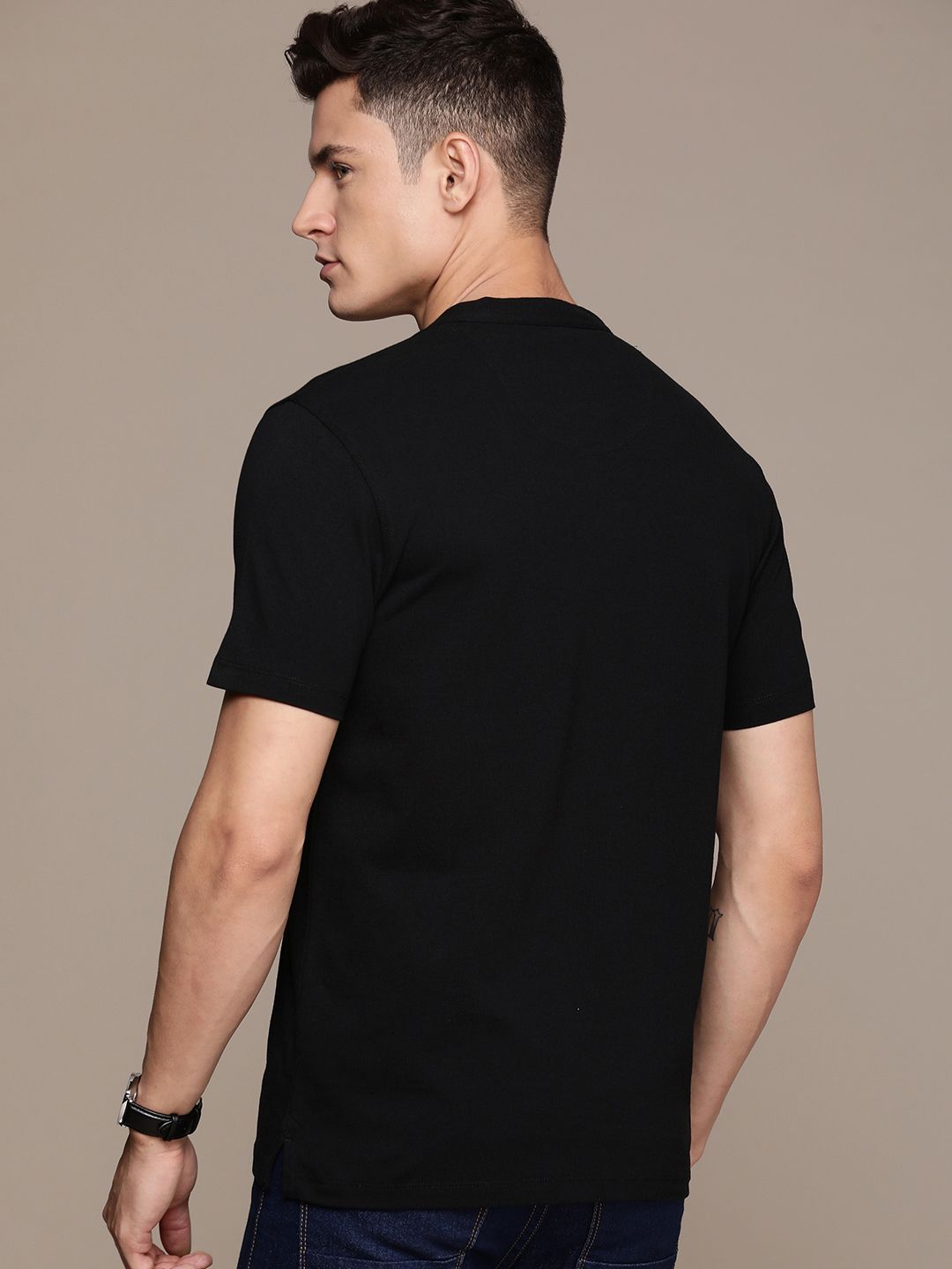 French Connection Brand Logo Henley Neck Pure Cotton Applique T-shirt