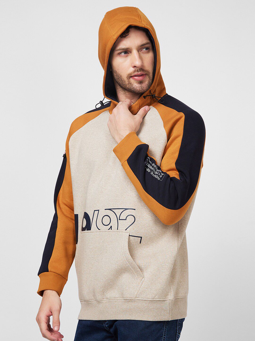 SPYKAR Typography Printed Hooded Raglan Sleeves Sweatshirt