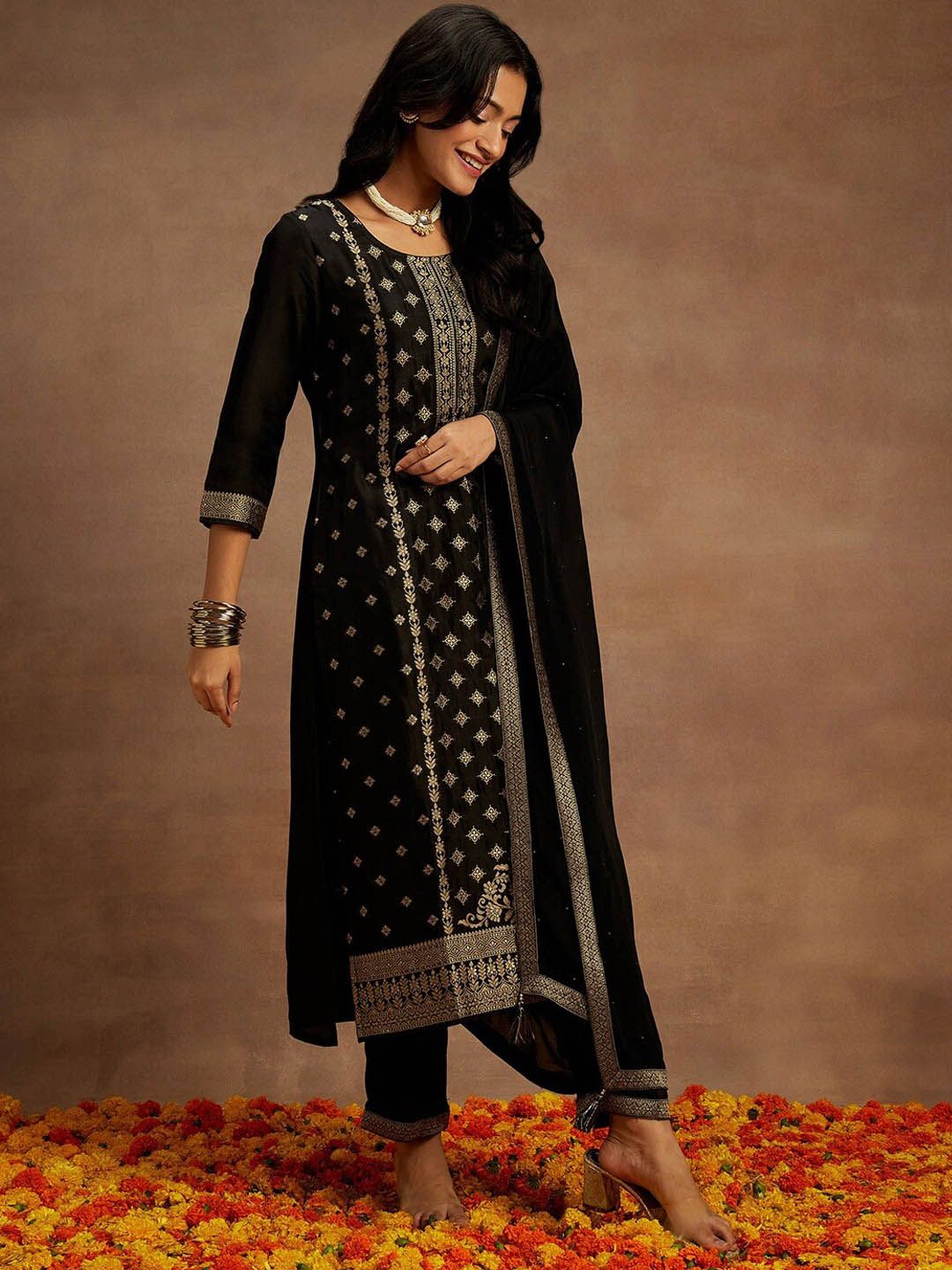 Libas Black Ethnic Motifs Woven Design Kurta with Trousers & With Dupatta
