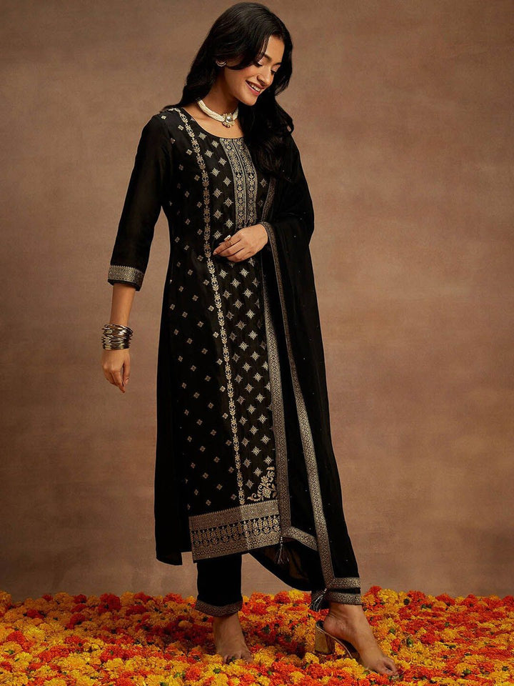 Libas Black Ethnic Motifs Woven Design Kurta with Trousers & With Dupatta