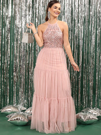 STREET 9 Embellished Halter Neck Flounce A-Line Maxi Dress