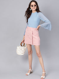 SASSAFRAS Blue Pleated Top With Frilled Hem