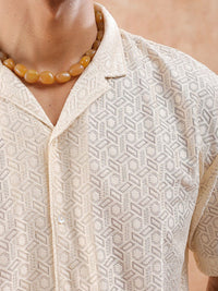 The Indian Garage Co Men Relaxed Fit Solid Warp Knit Lace Resortwear Shirt