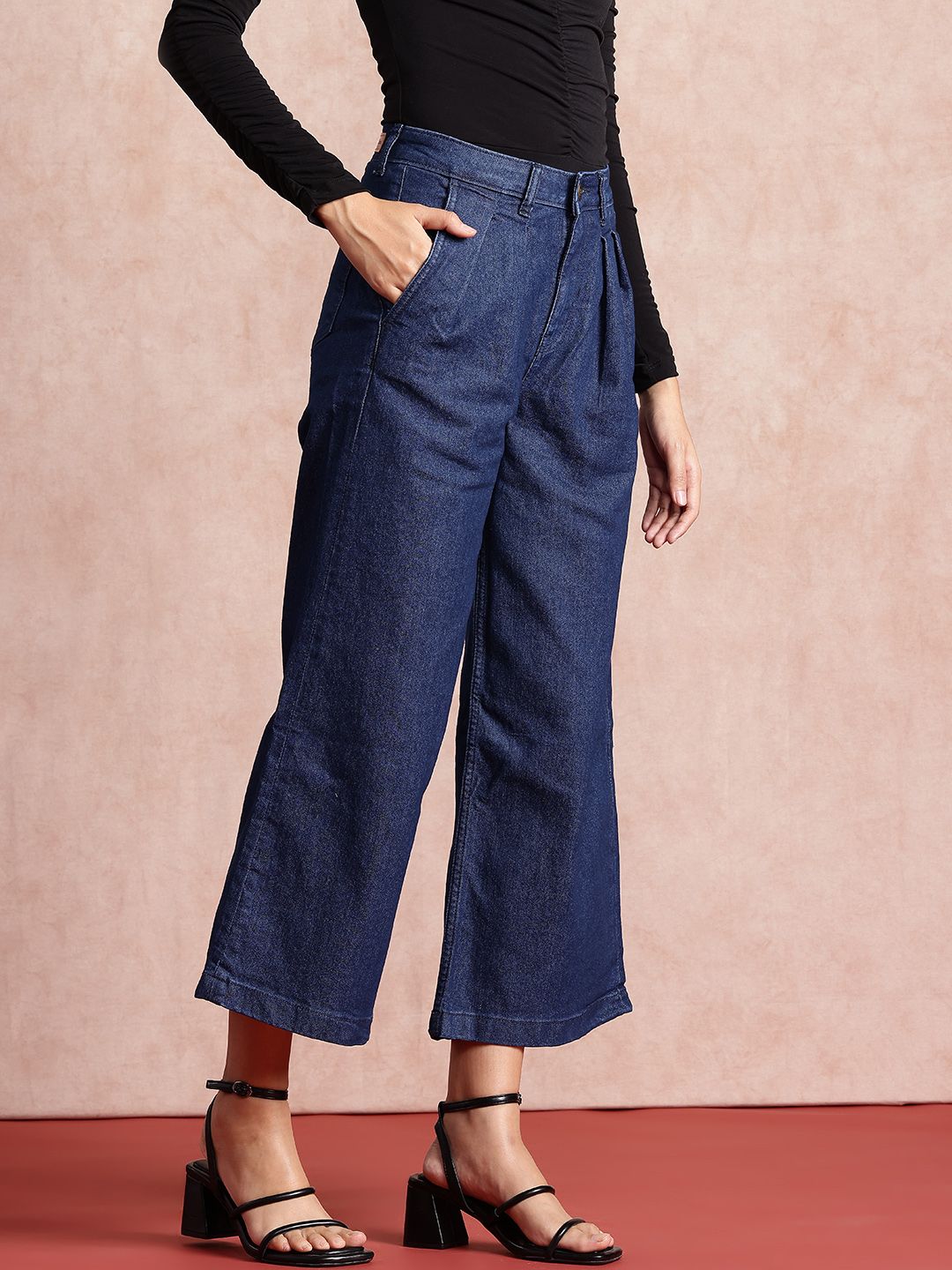 all about you Women Wide Leg Stretchable Pleated Cropped Jeans