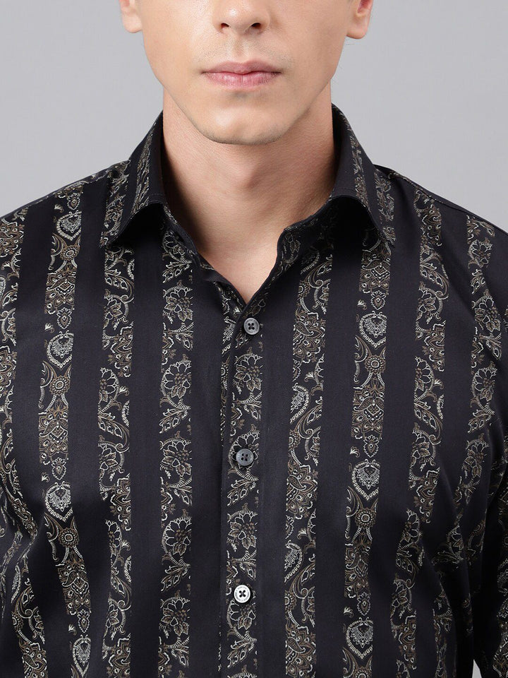 Hancock Pure Cotton Premium Floral Print Striped Satin Slim Fit Party Shirt