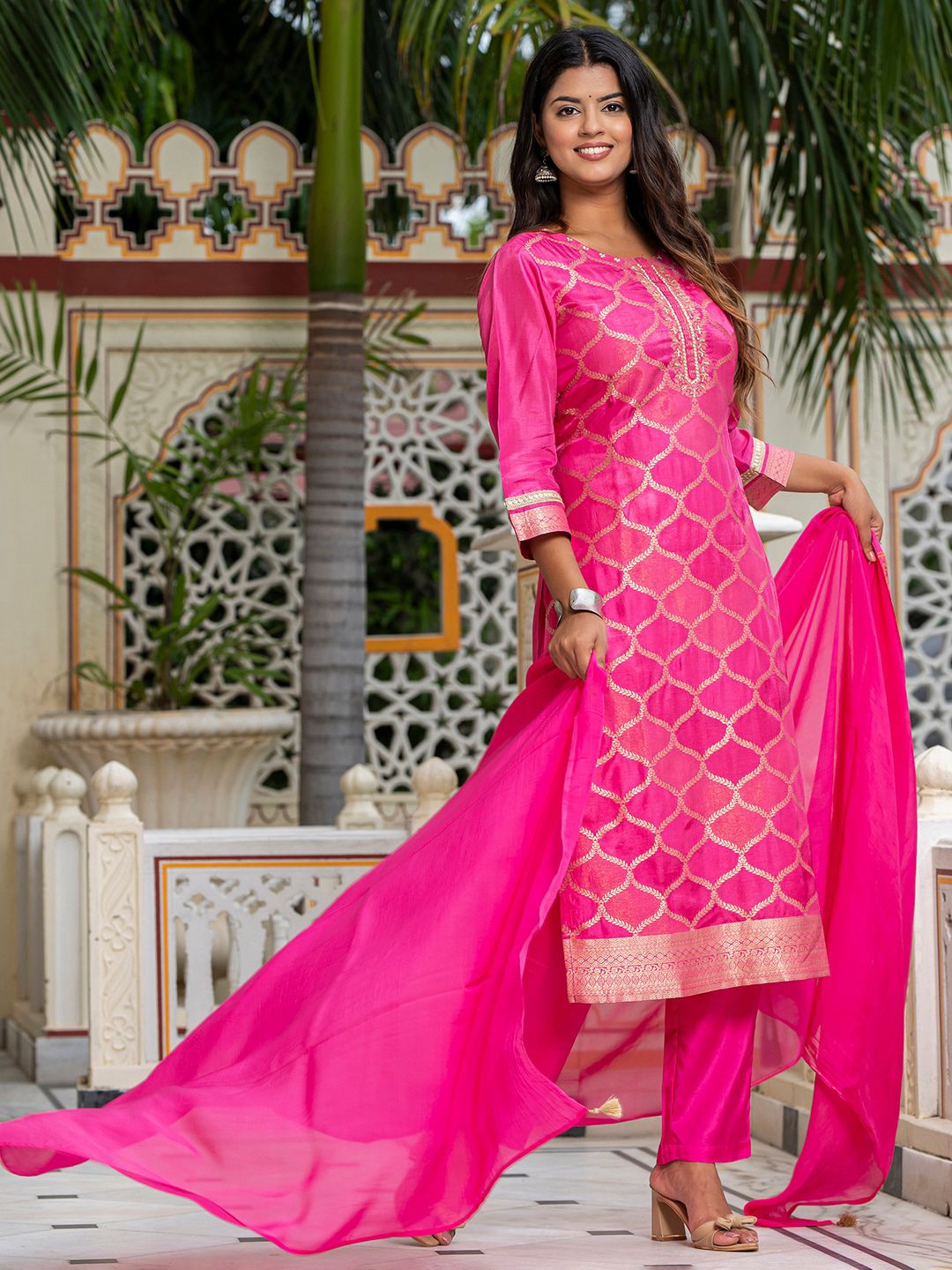 Vishudh Embroidered Thread Work Kurta & Trousers With Dupatta