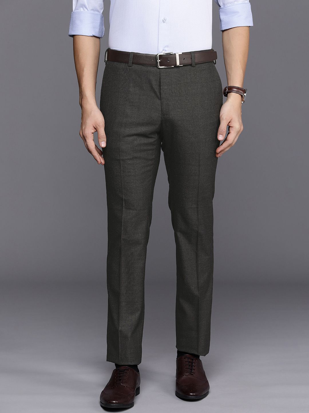 Raymond Men Checked Flat Front Slim Fit Formal Trousers