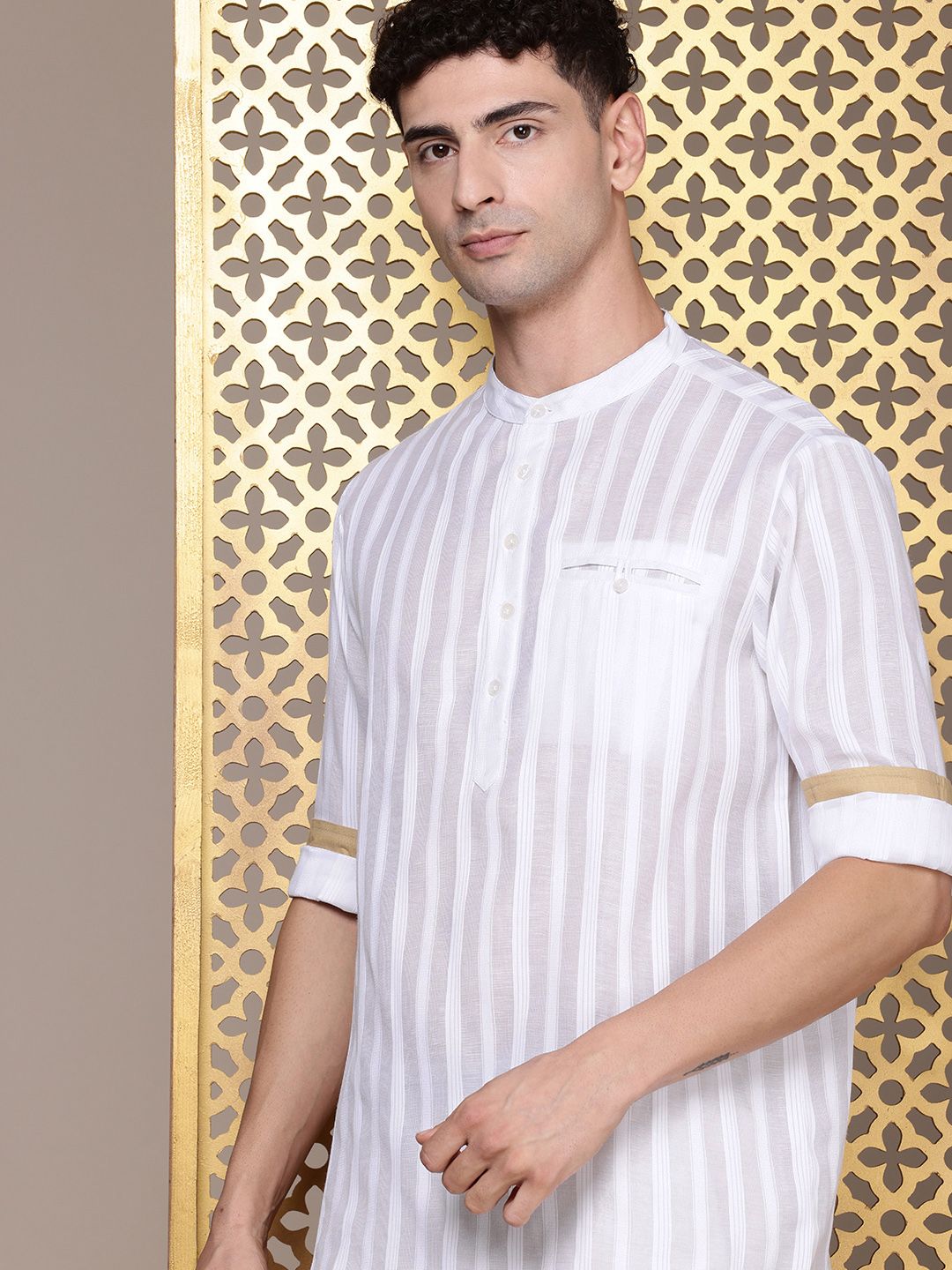 House of Pataudi Band Collar Striped Rozana Kurta