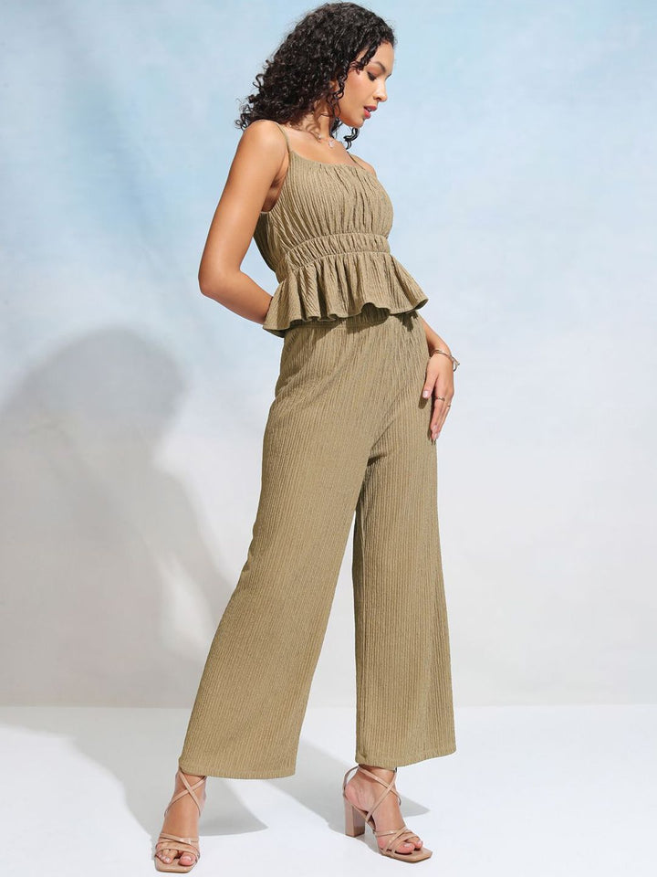 Tokyo Talkies Brown Striped Shoulder Straps Peplum Top With Trousers