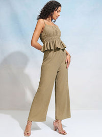 Tokyo Talkies Brown Striped Shoulder Straps Peplum Top With Trousers