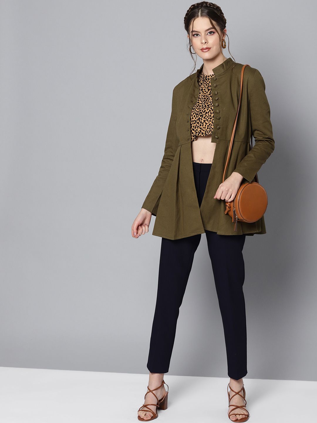STREET 9 Women Olive Green Peplum Solid Tailored Jacket