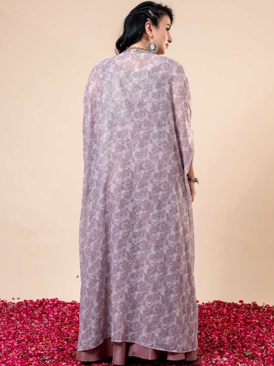 Atasan Crop Leher Bulat Bercetak Mamicha Dengan Set Co-Ords Cape & Palazzos