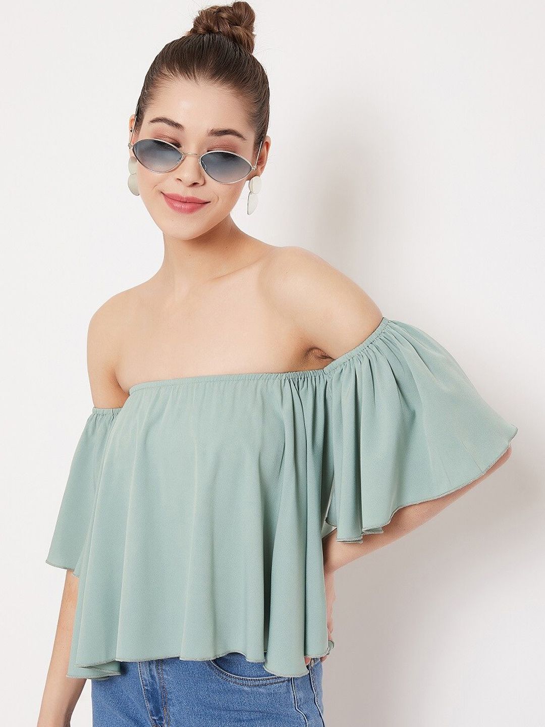 Berrylush Women Green Solid Bardot Top