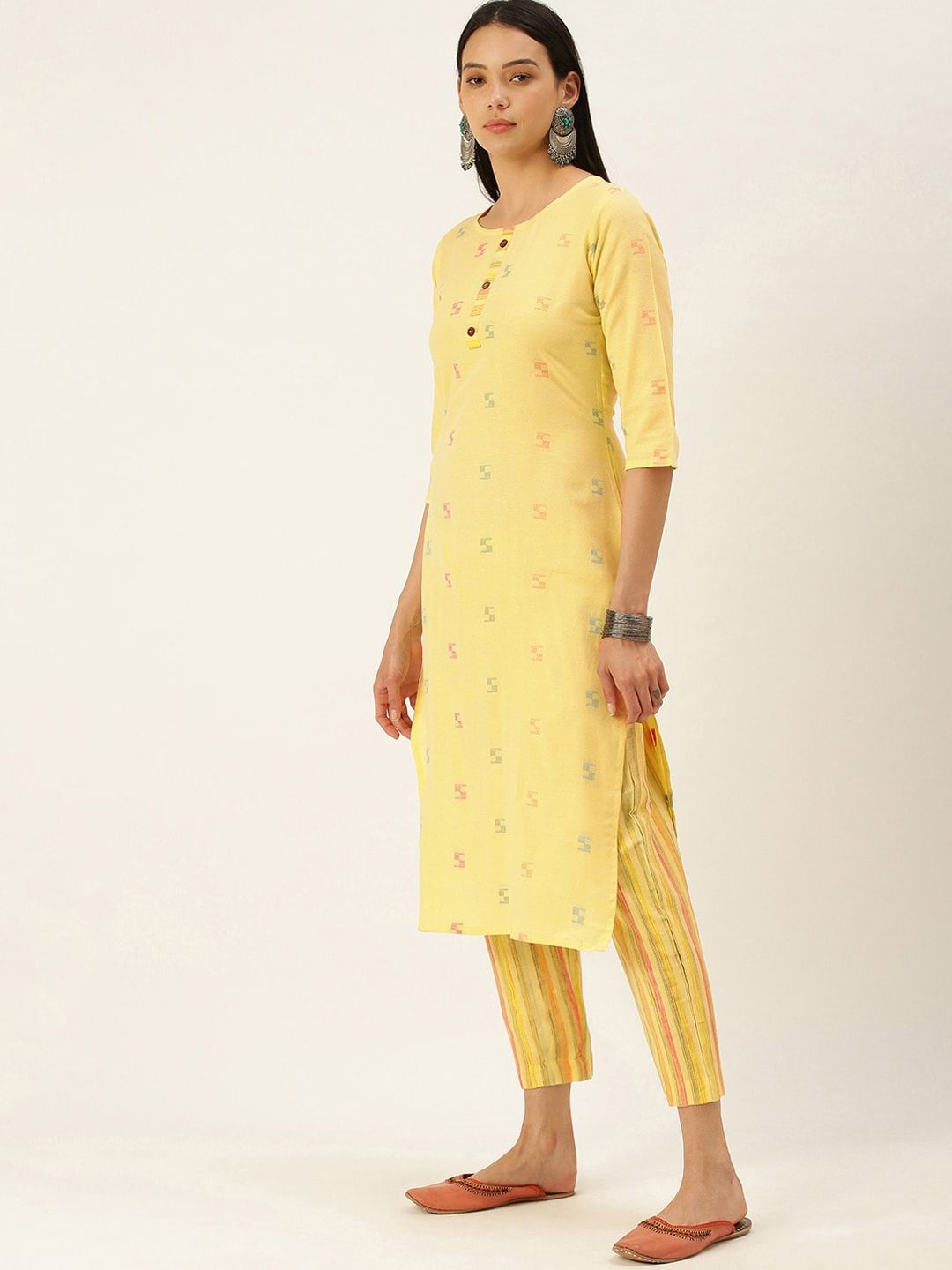 KALINI Geometric Woven Design Regular Kurta With Trousers
