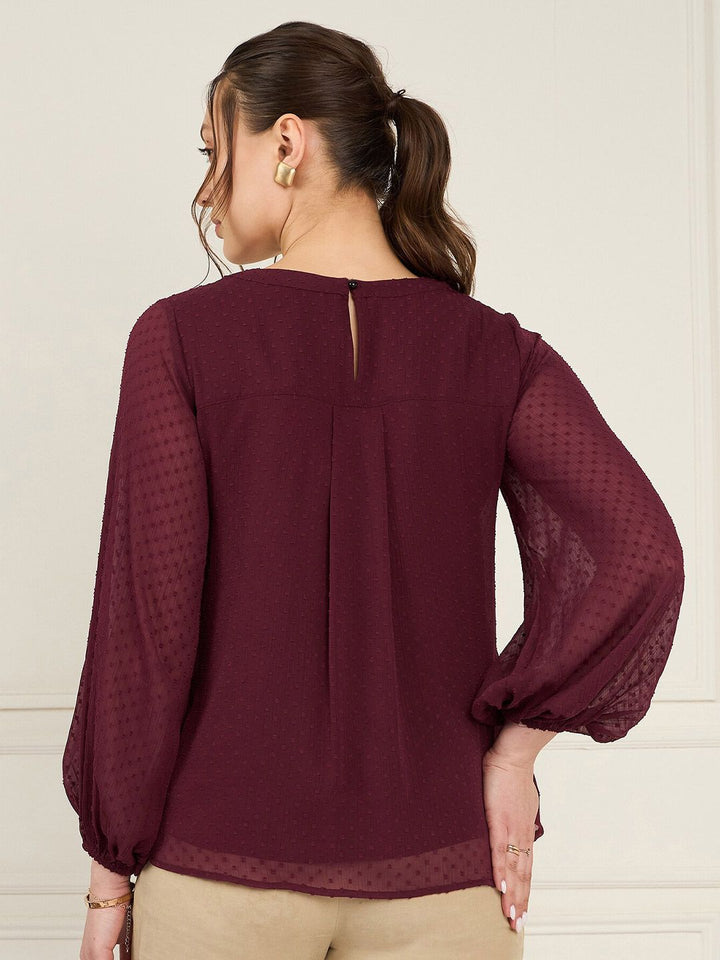 Antheaa Self Designed Mandarin Collar Embroidered Chiffon Top