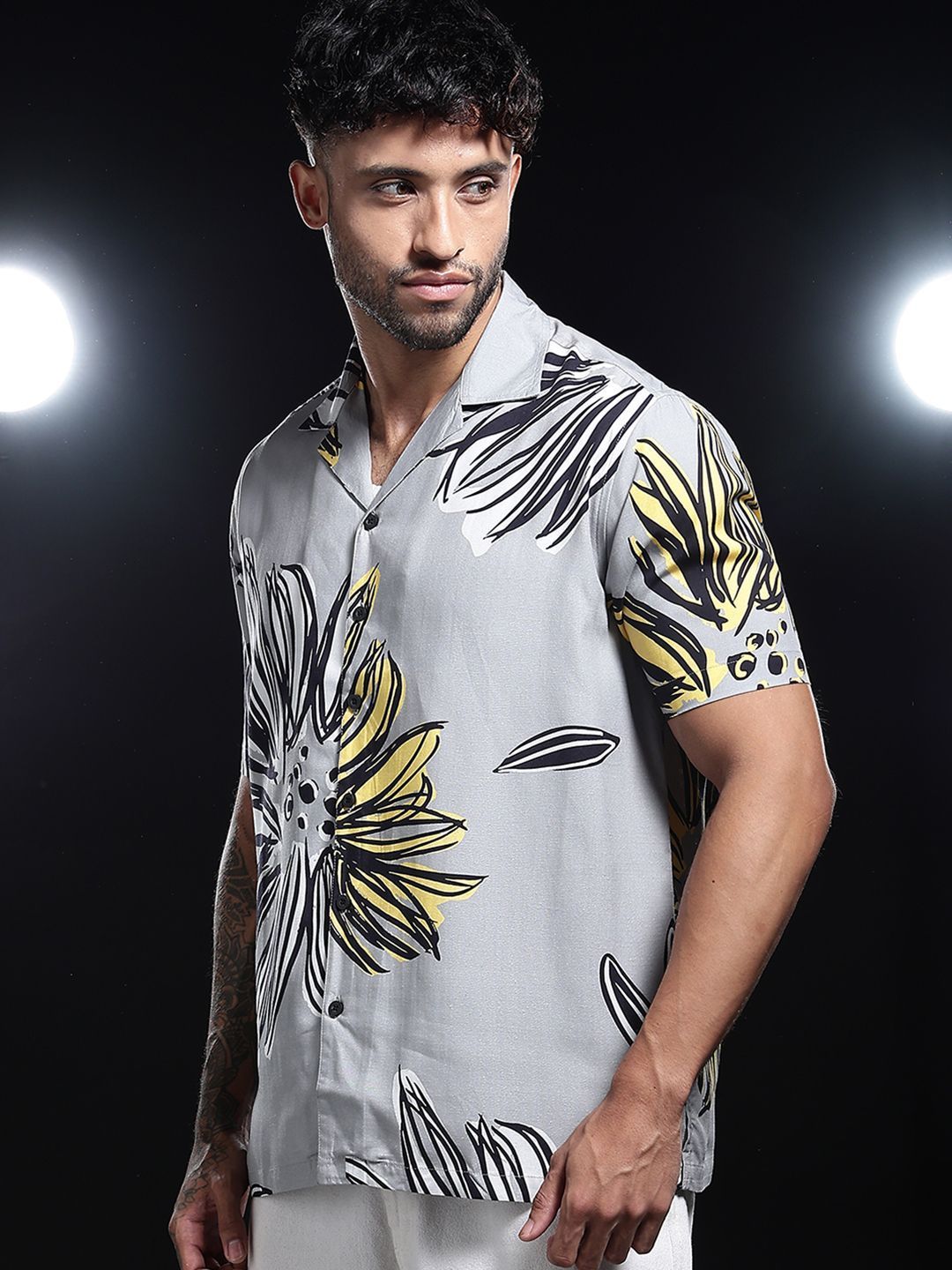 Eszett Floral Printed Cuban Collar Short Sleeves Pure Cotton Shirt