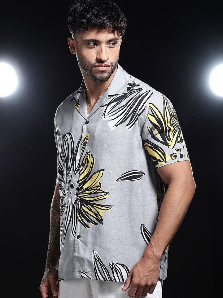 Eszett Floral Printed Cuban Collar Short Sleeves Pure Cotton Shirt