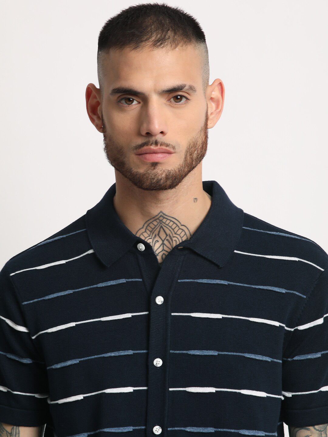 THE BEAR HOUSE Striped Polo Collar Pure Cotton Slim Fit T-shirt