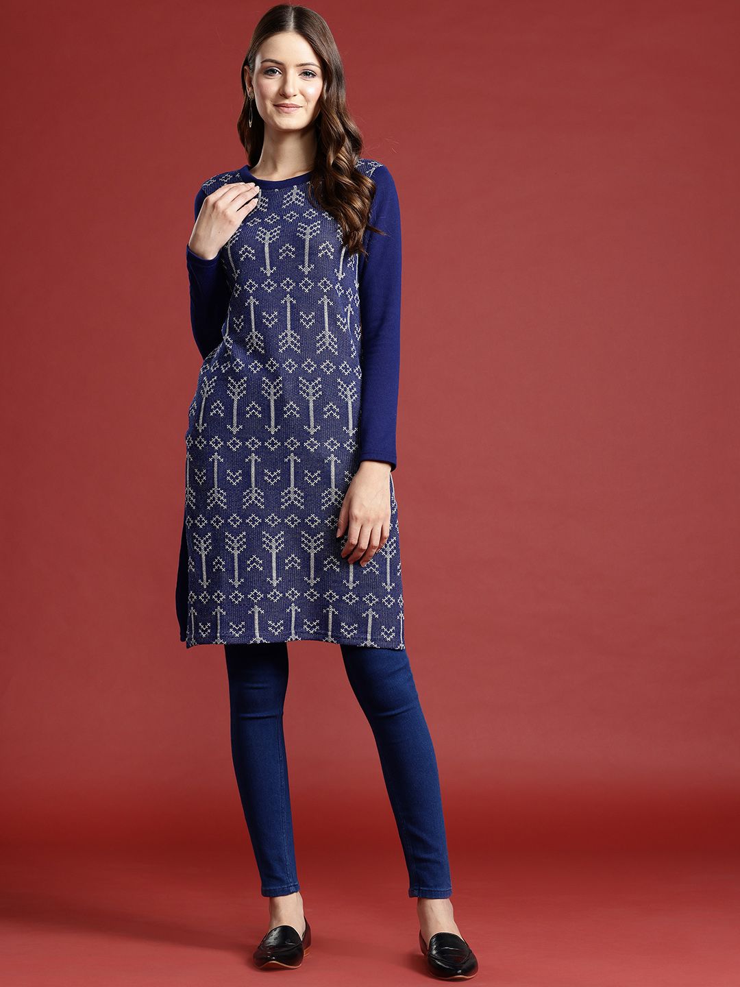 Anouk Geometric Woven Design Winter Kurta