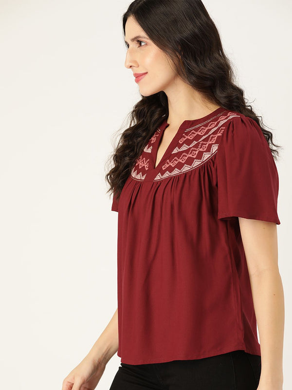 all about you Maroon Solid Regular Top With Embroidered Detail