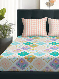 Story@home White & Peach-Coloured 180 TC Queen Bedsheet With 2 Pillow Covers