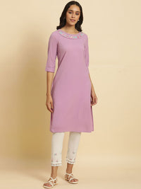 W Purple Thread Work Cotton Straight Kurta