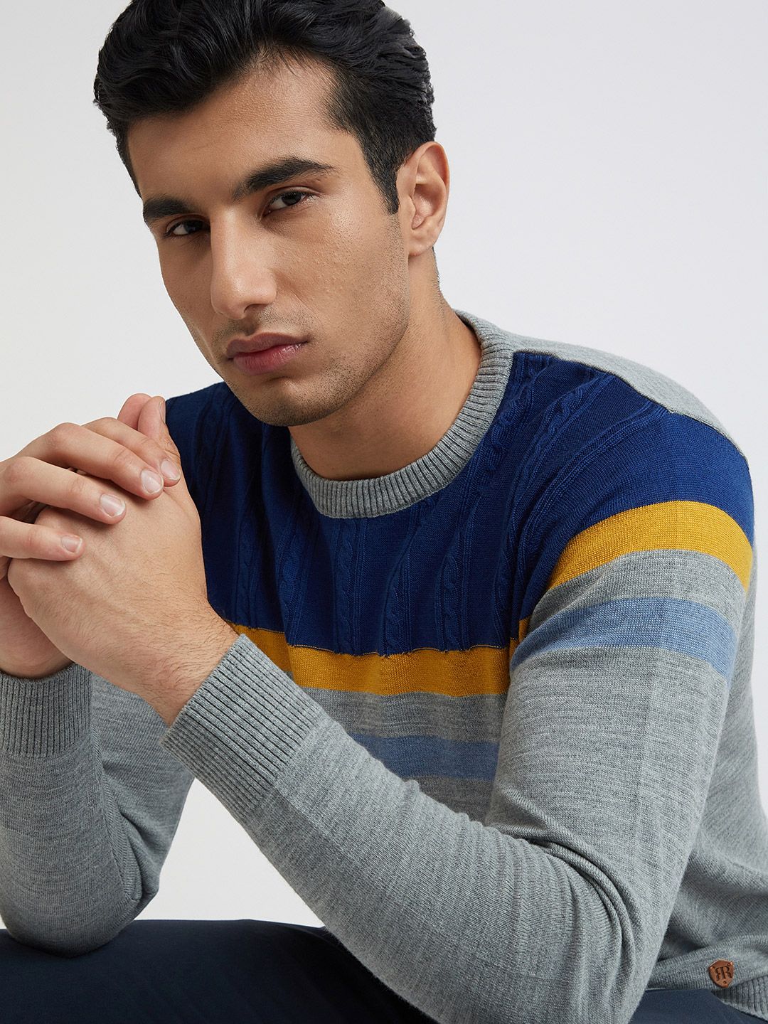 Raymond Men Grey Melange & Blue Colourblocked Pullover