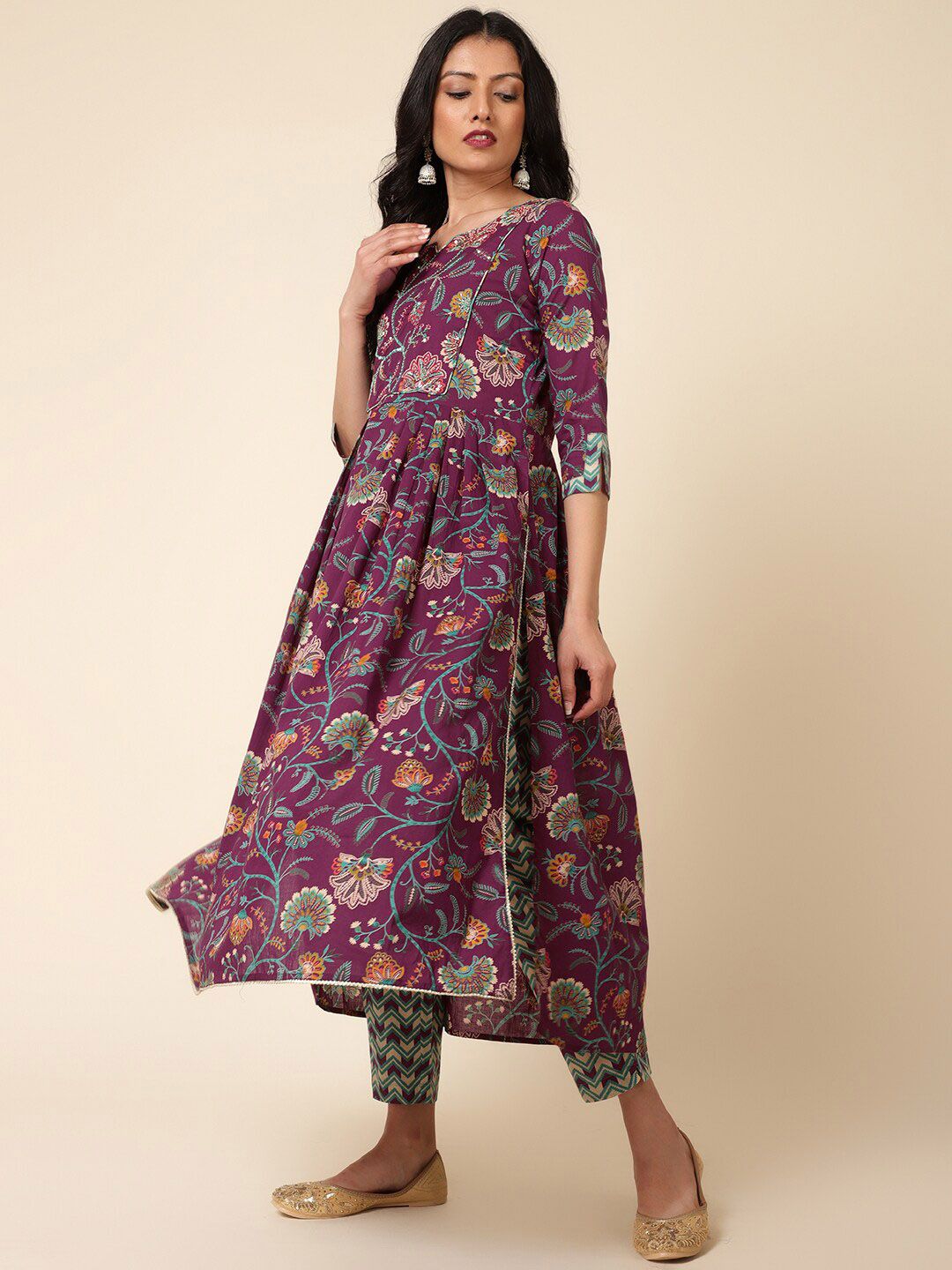 Bani Women Floral Printed A-Line Pure Cotton Kurta with Trousers & Dupatta