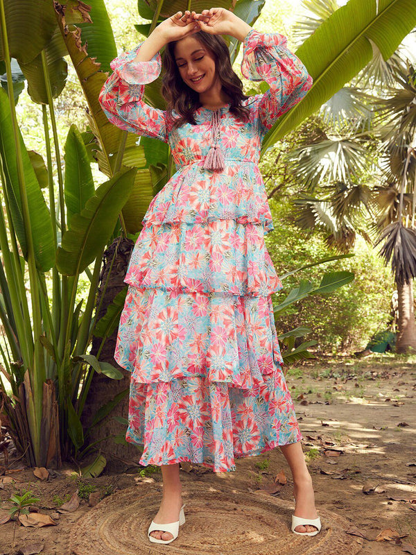 STREET 9 Floral Printed Georgette Fit & Flare Maxi Dress