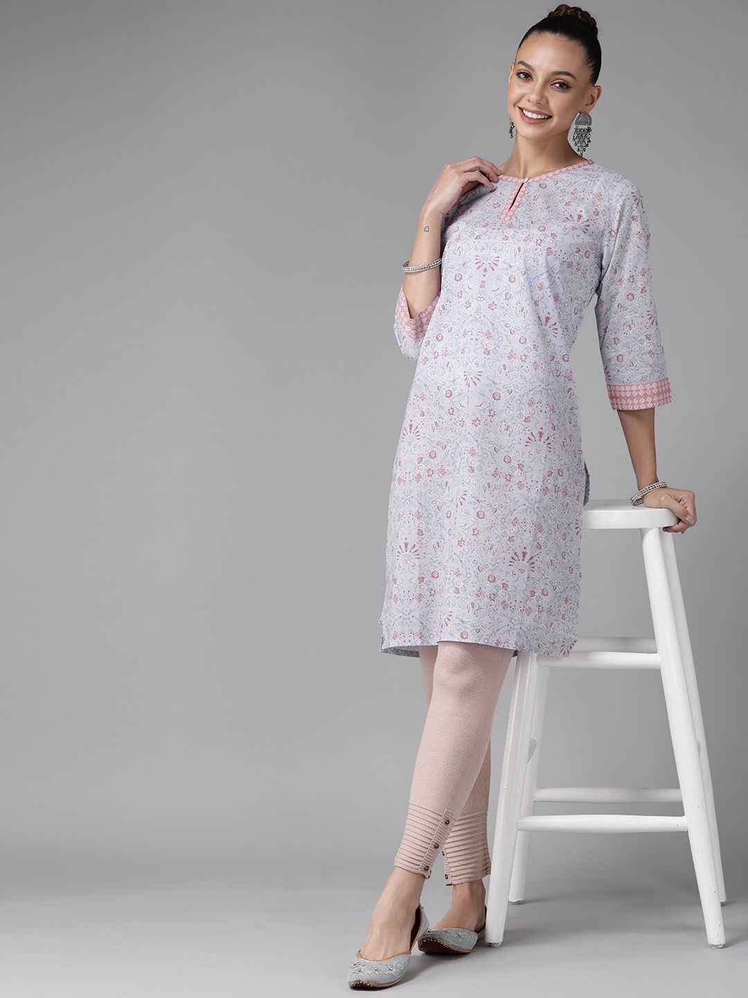 W Women Lavender & Maroon Ethnic Printed Pure Cotton Kurta