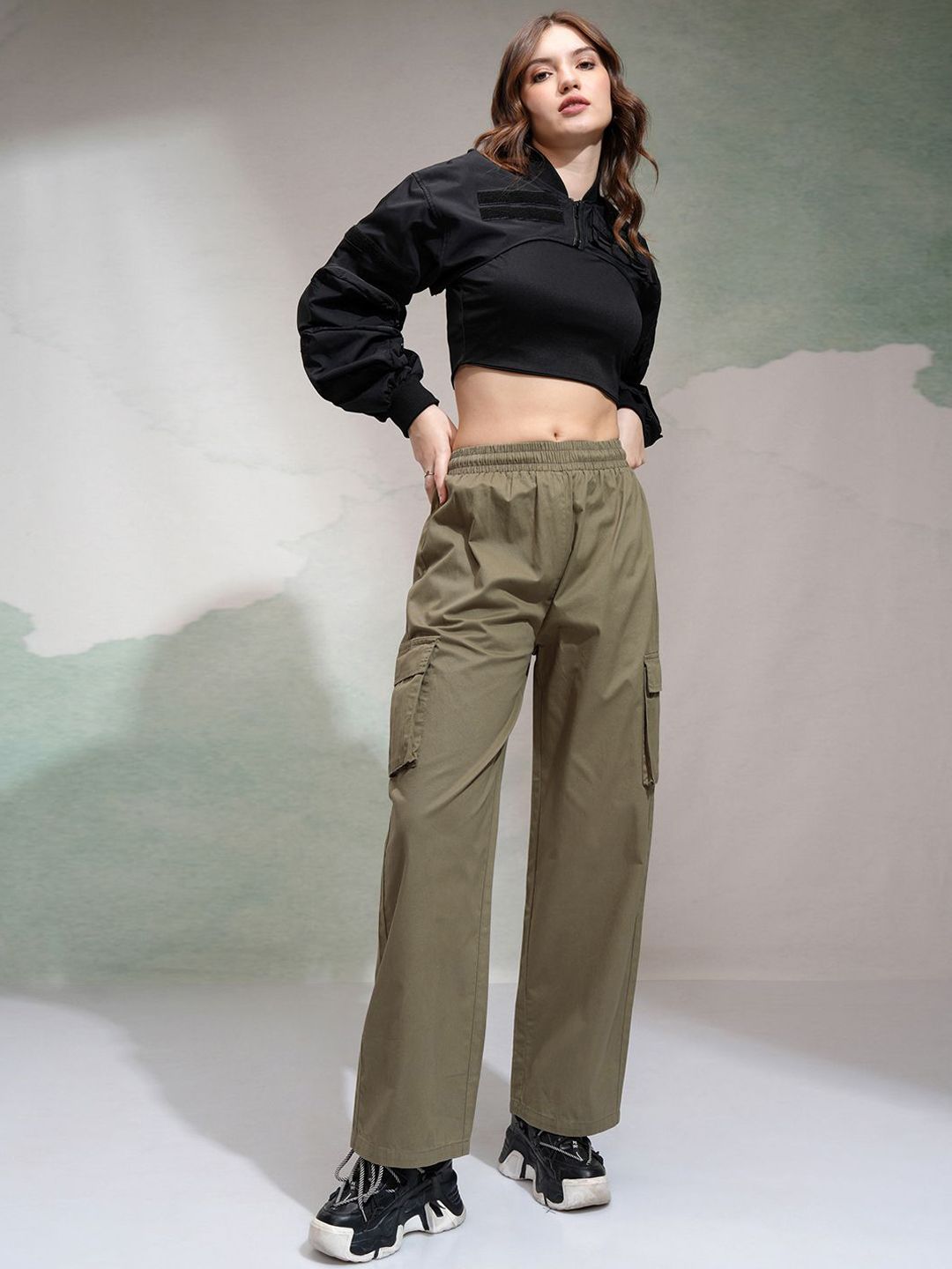 Street By Tokyo Talkies Women Straight Fit High-Rise  Cargos Parachute Trousers