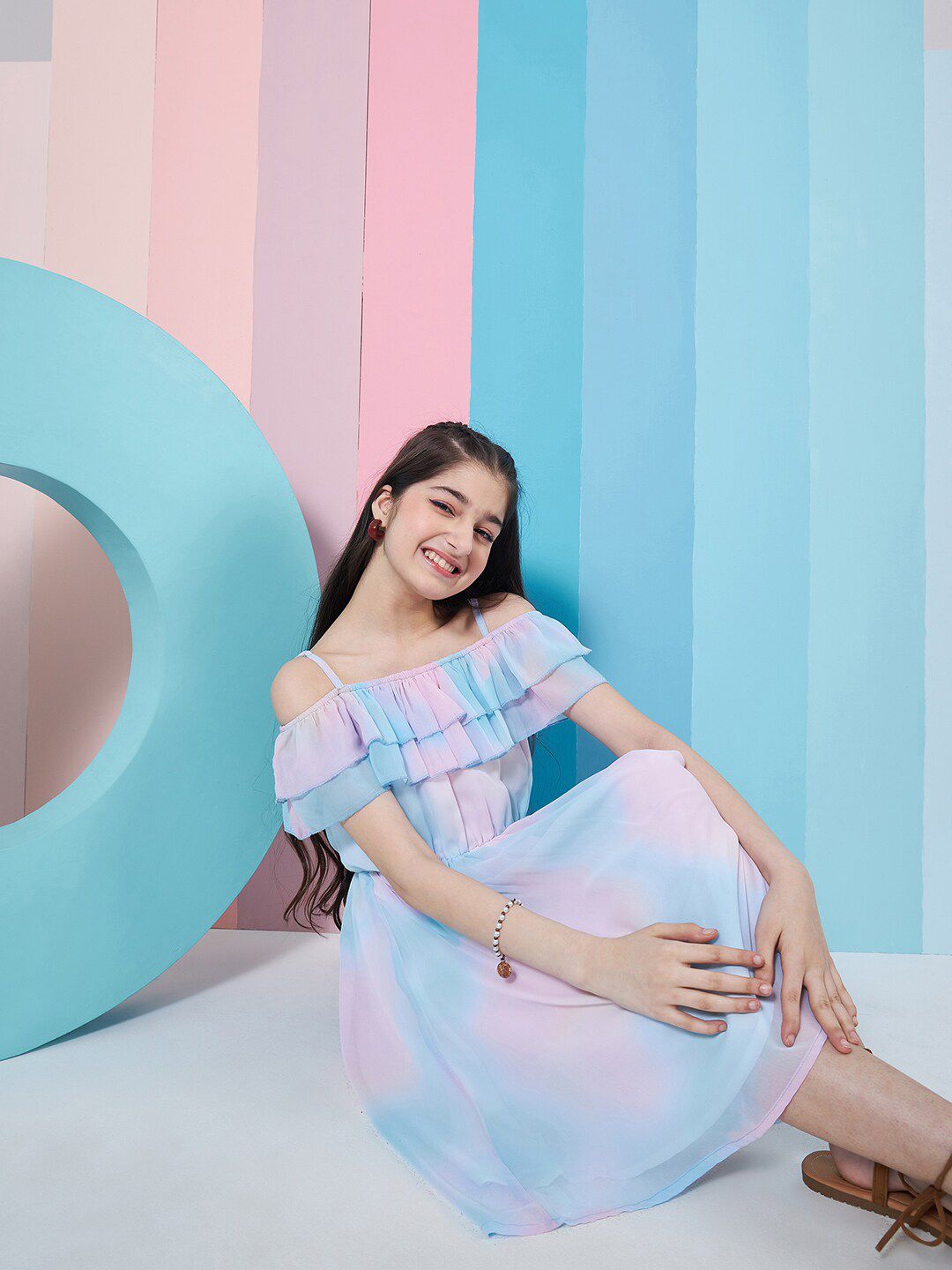 pspeaches Girls Tie & Dye Off-Shoulder Georgette Fit & Flare Dress