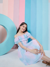 pspeaches Girls Tie & Dye Off-Shoulder Georgette Fit & Flare Dress