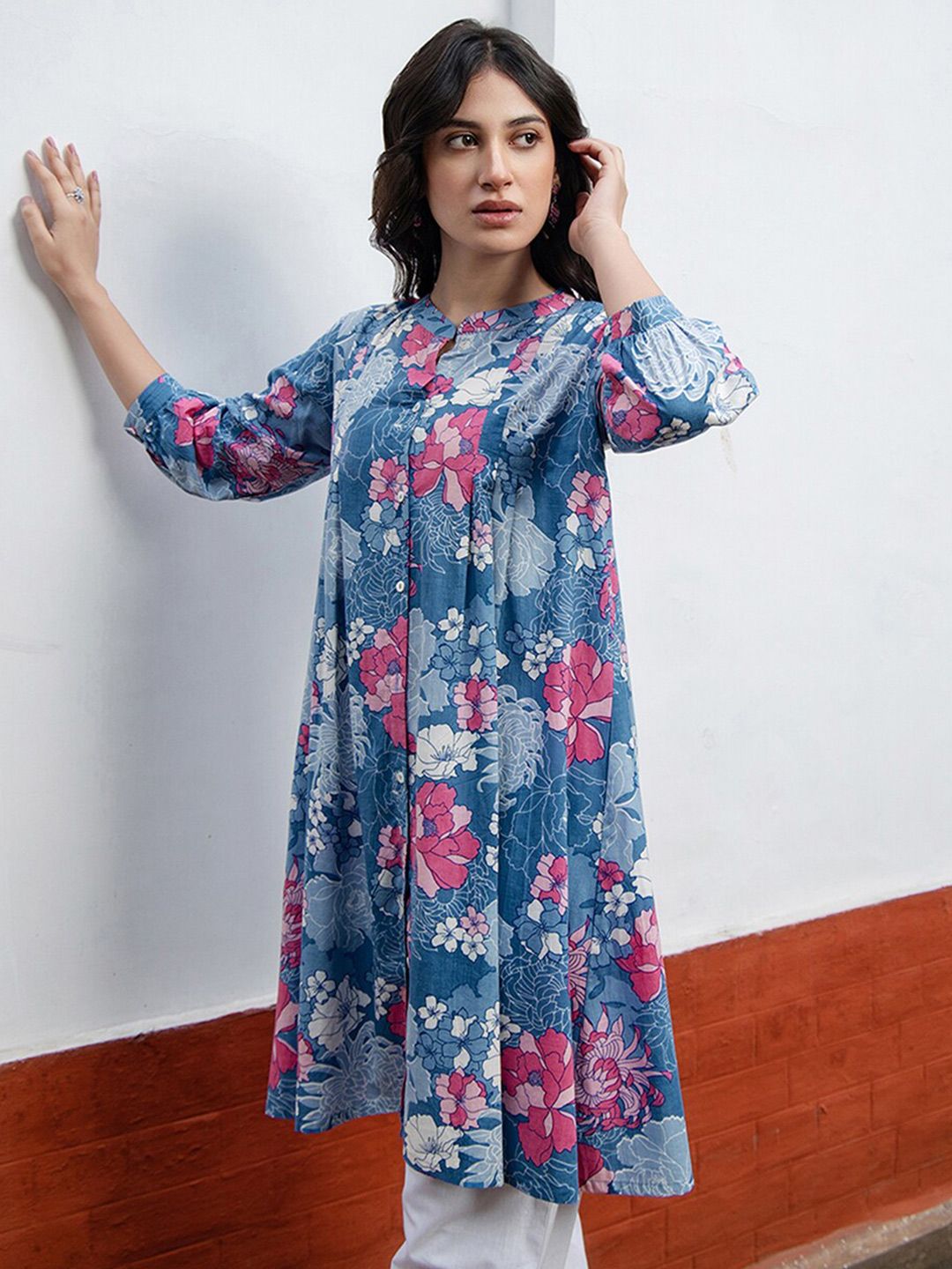 Janasya Floral Printed Mandarin Collar Pure Cotton Pleated A-Line Tunic