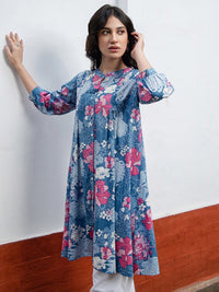 Janasya Floral Printed Mandarin Collar Pure Cotton Pleated A-Line Tunic