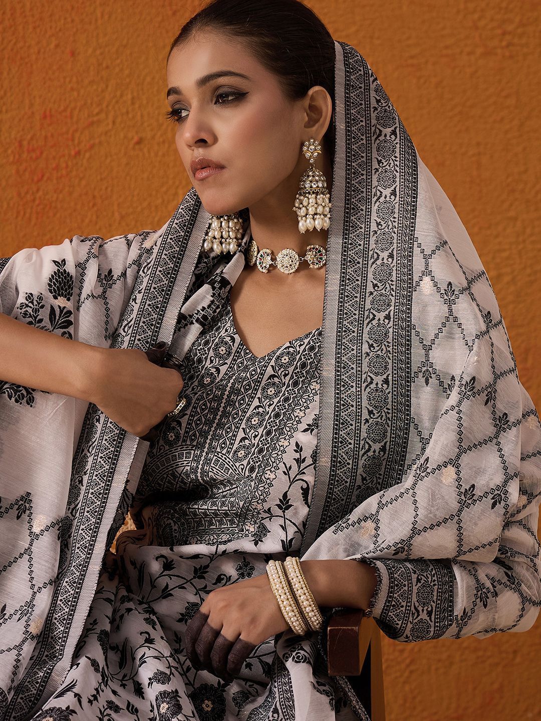 Indo Era White Floral Printed V-Neck Straight Kurta with Trousers & Dupatta