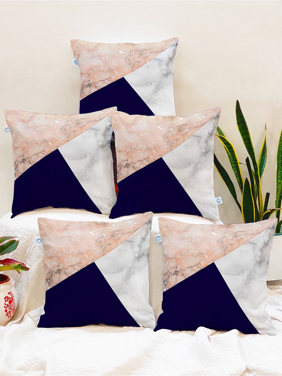 STITCHNEST Set Of 5 Blue & Beige Square Cushion Covers