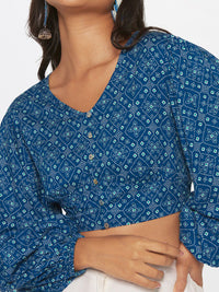 Global Desi Geometric Printed V-Neck Puff Sleeve Blouson Crop Top