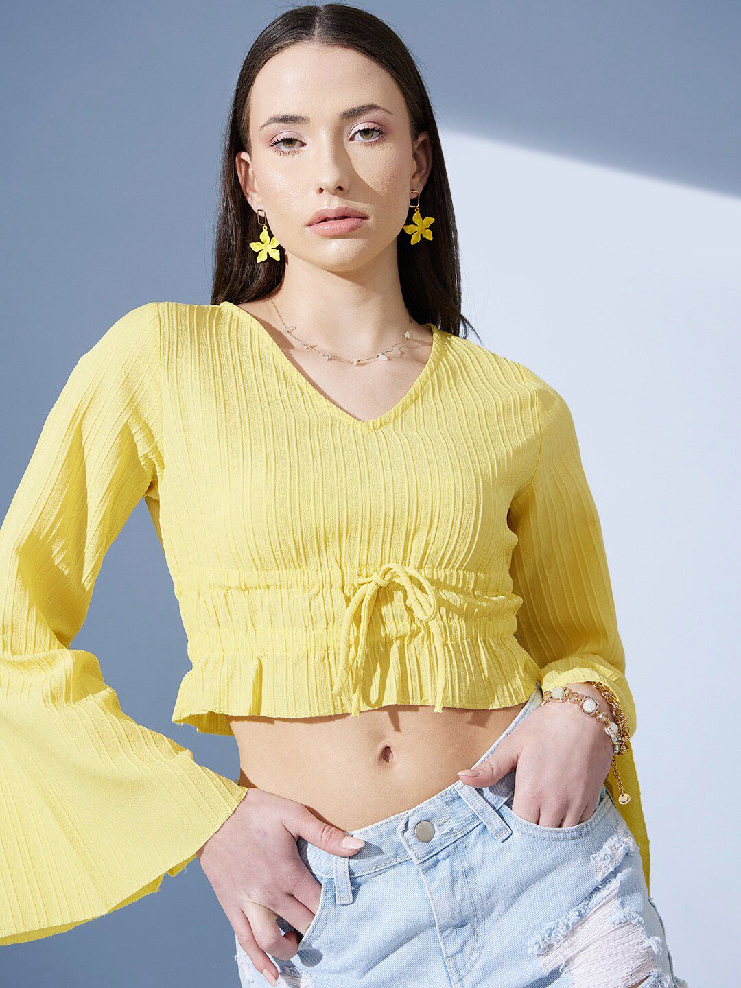 STREET 9 Pure Cotton Yellow Striped Bell Sleeves Cinched Waist Crop Top