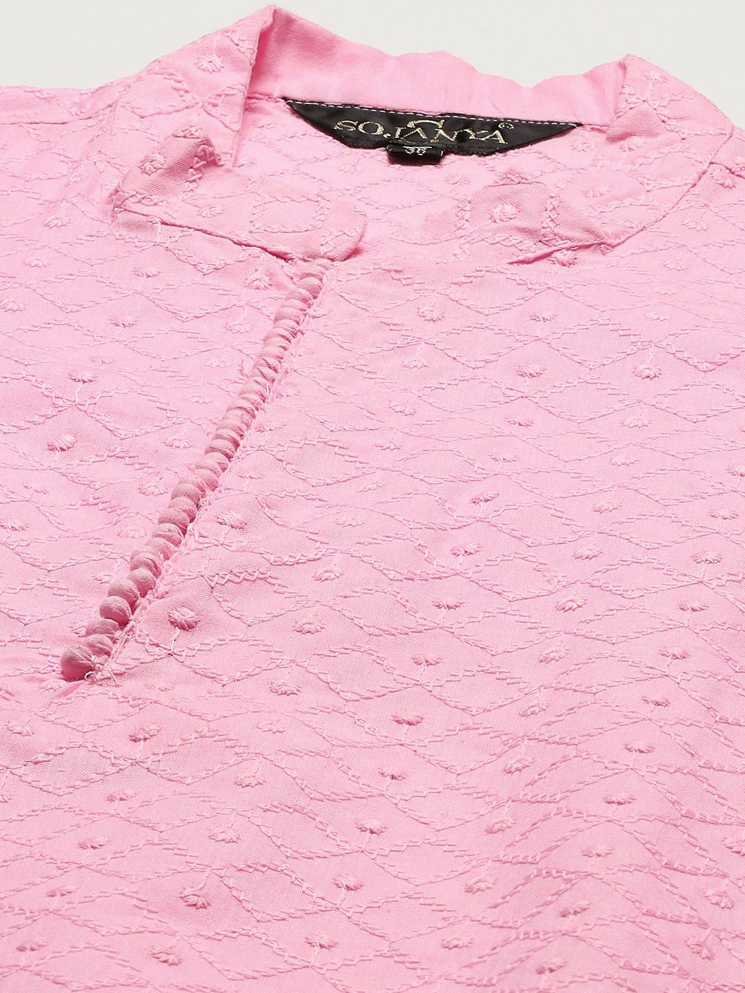 SOJANYA Men Pink Chikankari Pure Cotton Kurta with Churidar & Nehru Jacket