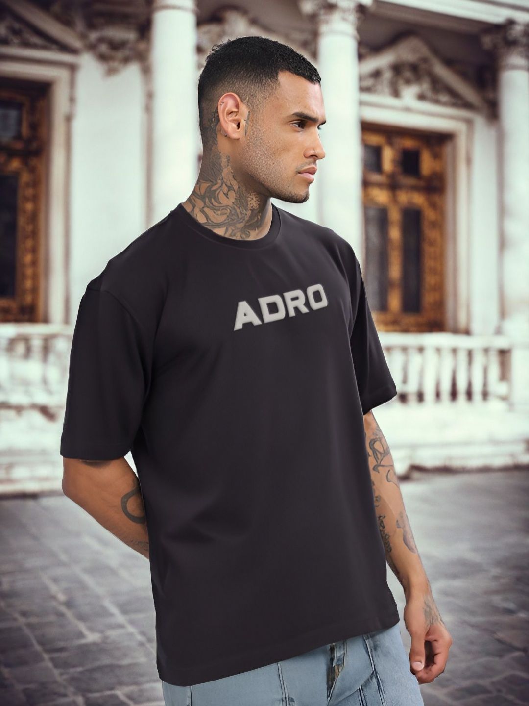 ADRO Graphic Printed Drop-Shoulder Sleeves Cotton Oversized T-shirt
