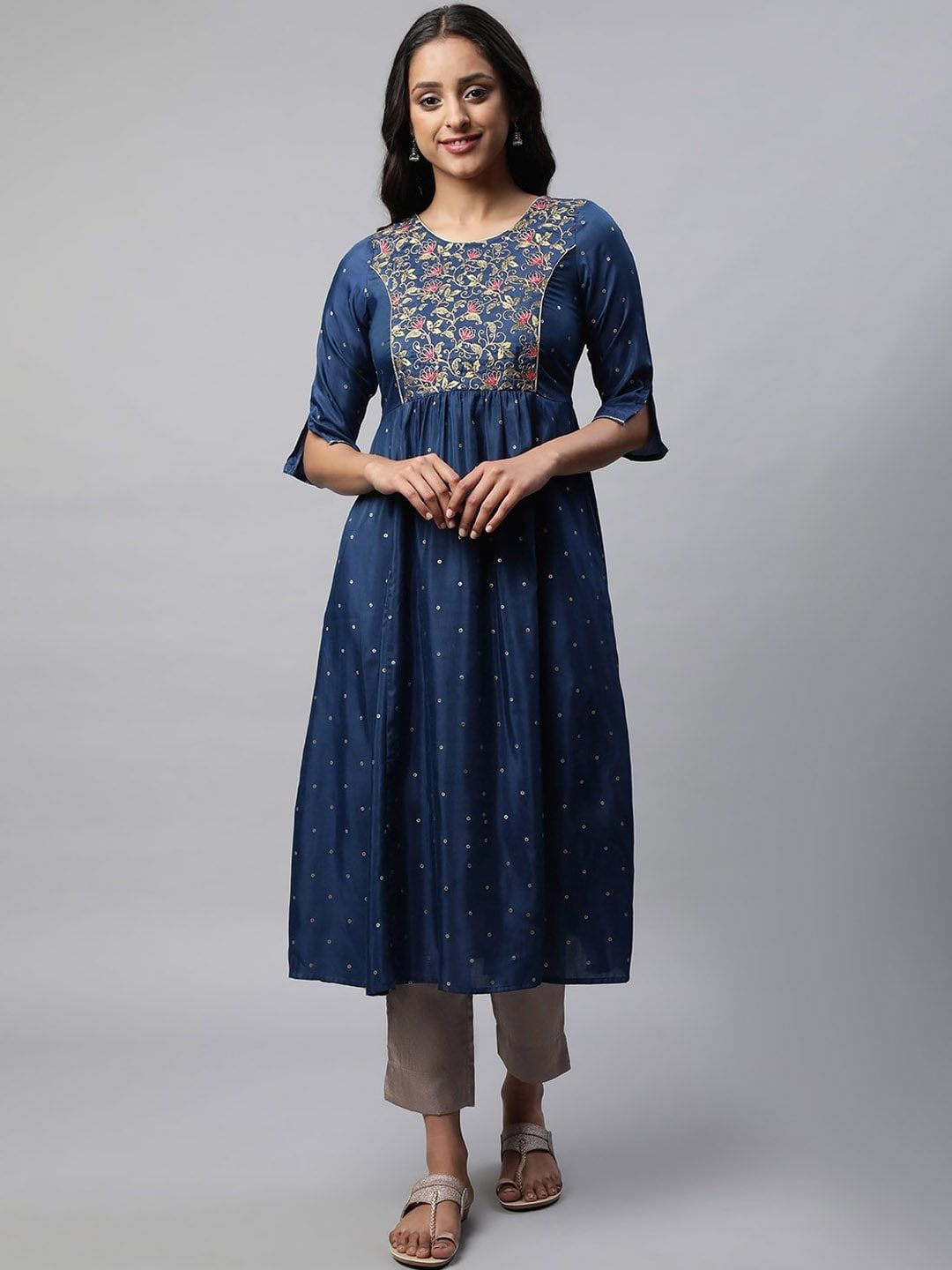 AURELIA Floral Eembroiderd  Sequined Pleated A-Line Kurta