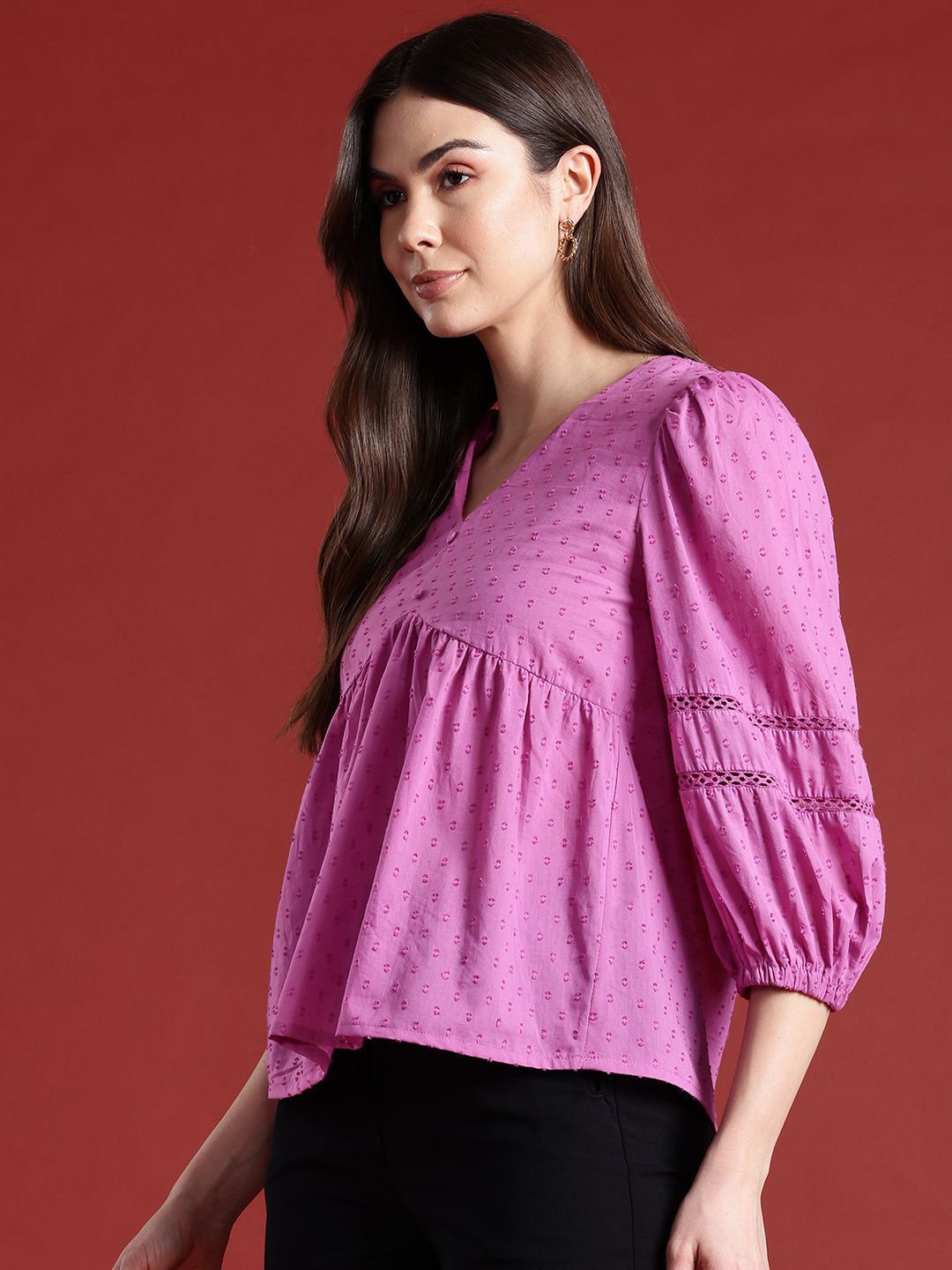 all about you Lace Detailed Puff Sleeves Pure Cotton A-Line Top