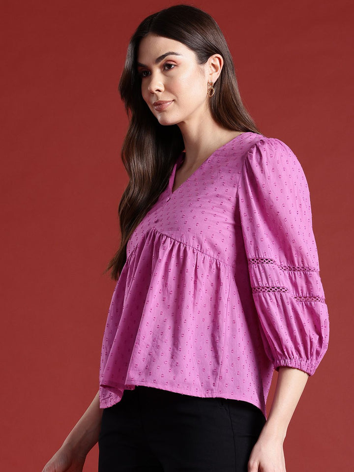 all about you Lace Detailed Puff Sleeves Pure Cotton A-Line Top