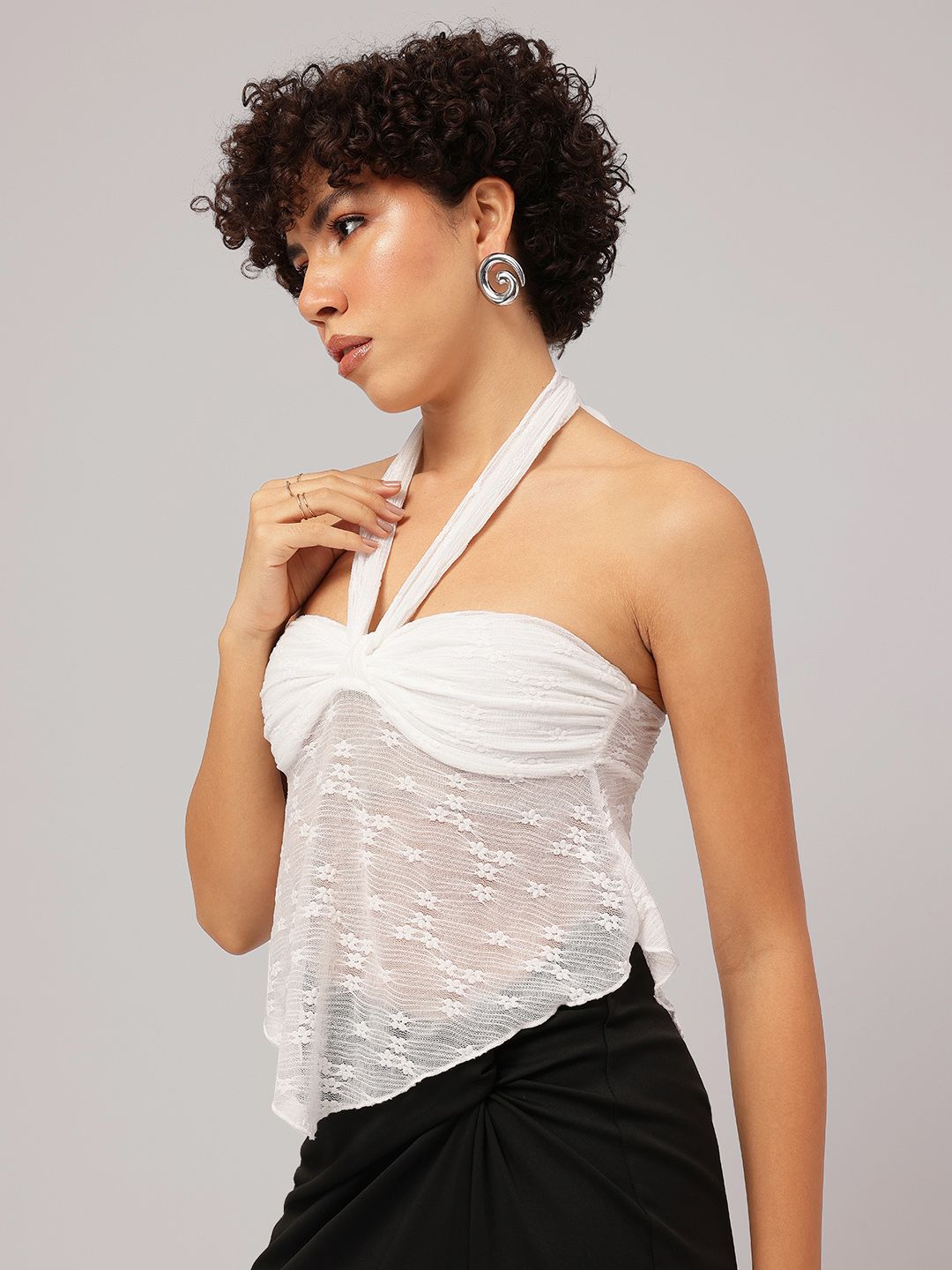 DressBerry Dew-Kissed Halter Lacey Glam Crop Top